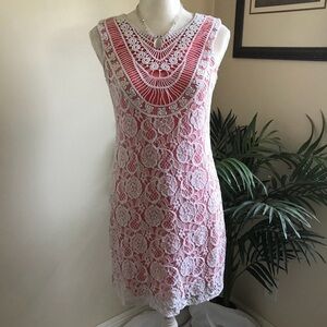 2/$20 Xhilaration White Crochet Lace Over Coral Dress M